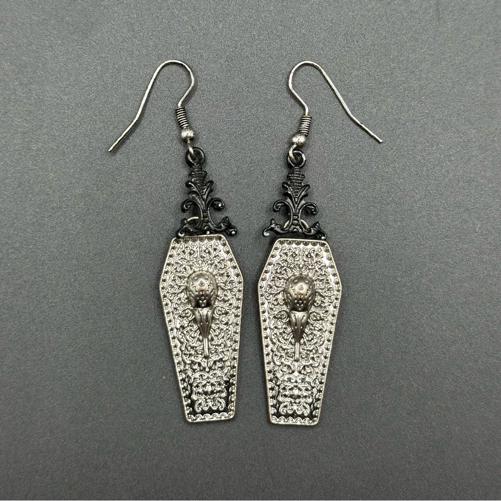 Gothic Coffin Dangle Earrings in Silver and Black - Picture 6 of 6